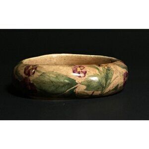Hand Painted Chunky Tan Beige Ceramic Bangle Bracelet with Floral Designs Vtg